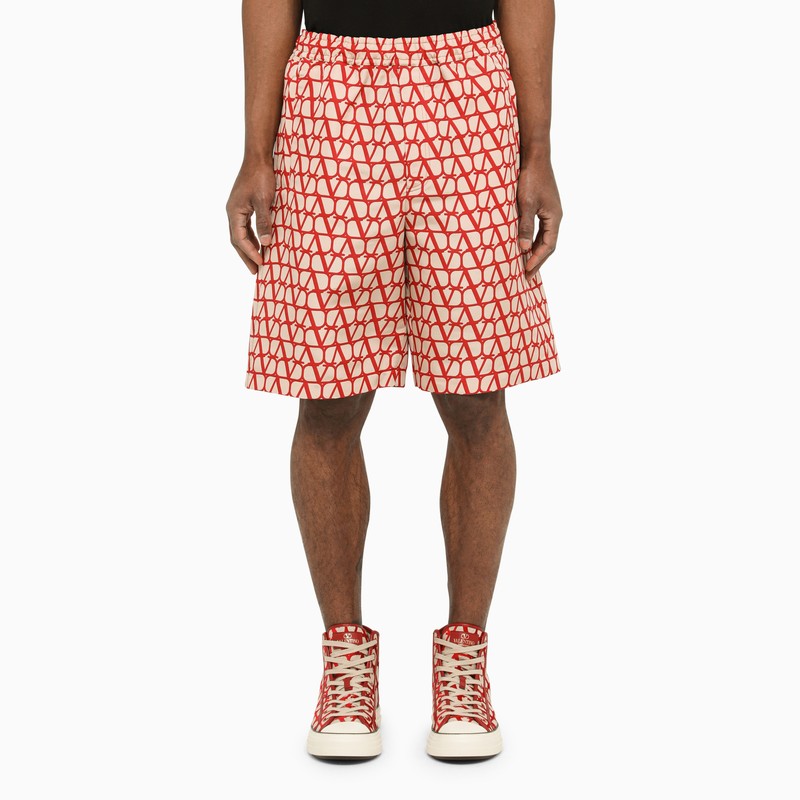 Beige/red silk faille bermuda shorts