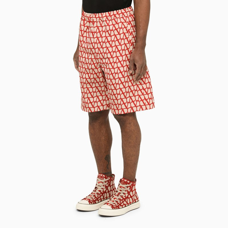Beige/red silk faille bermuda shorts