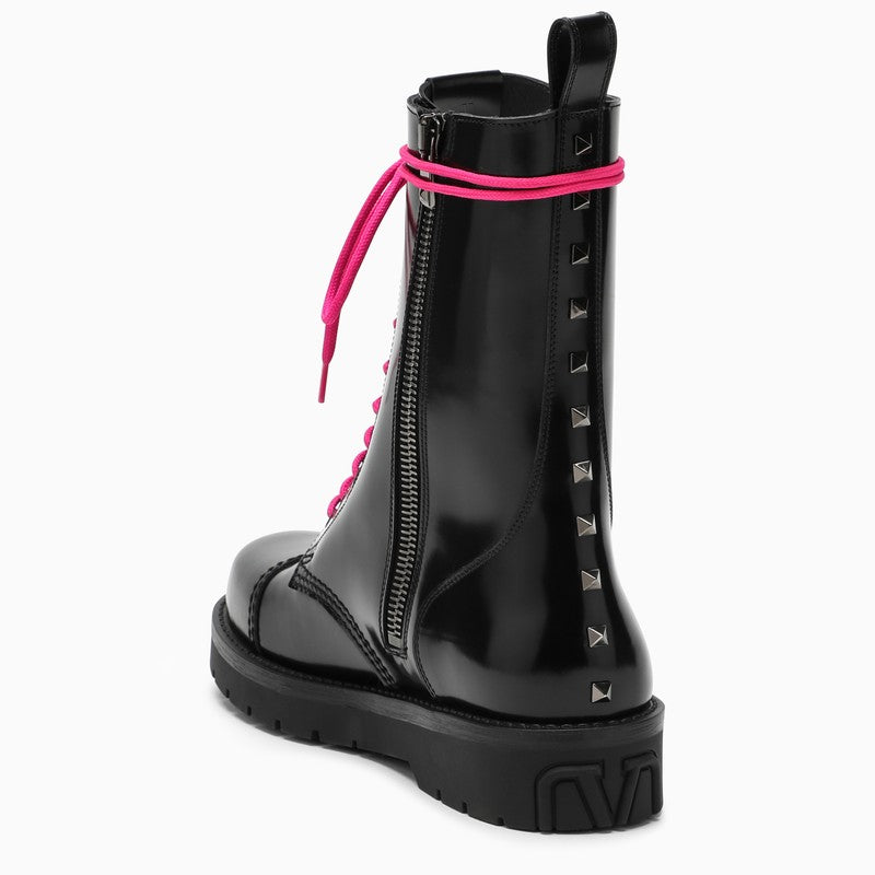 Black leather combact boot