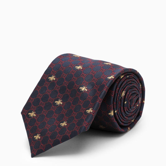 Red/blue silk tie with bees