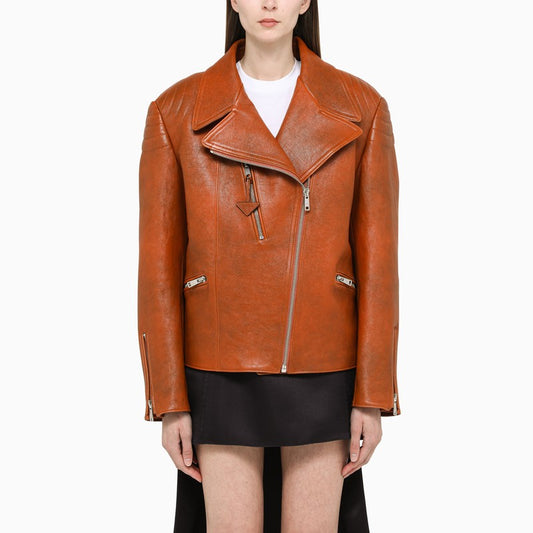 Brown vintage-effect leather biker jacket