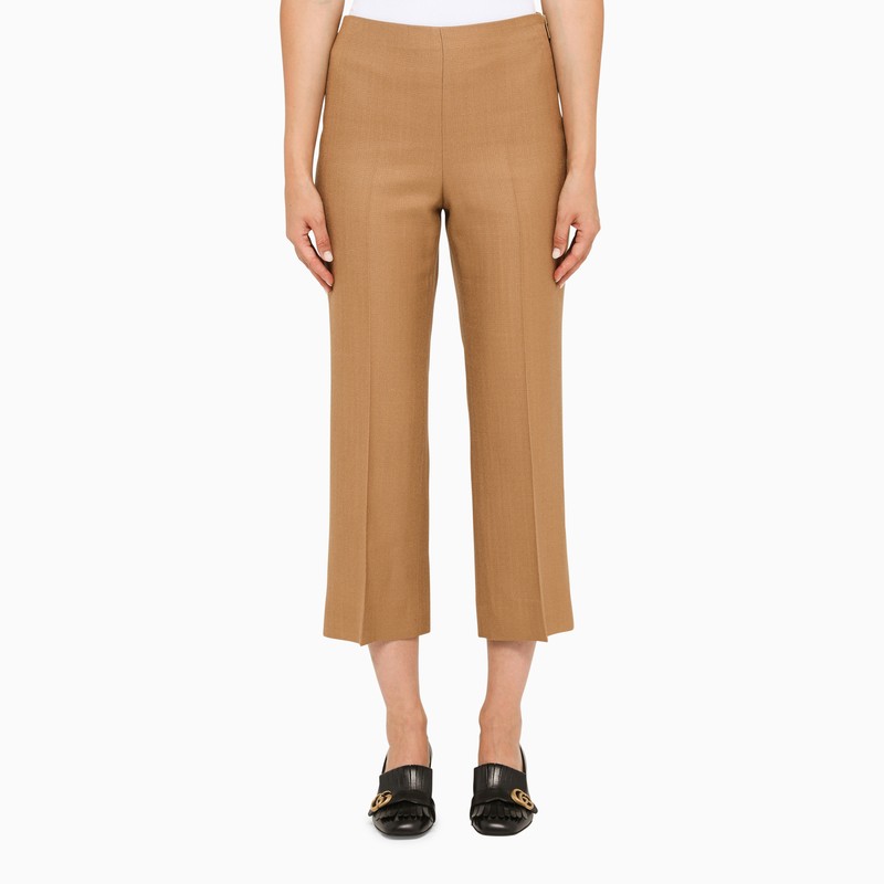 Cropped trousers in camel-colour viscose