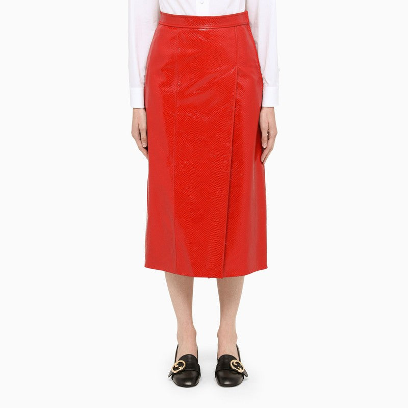 Red leather midi skirt