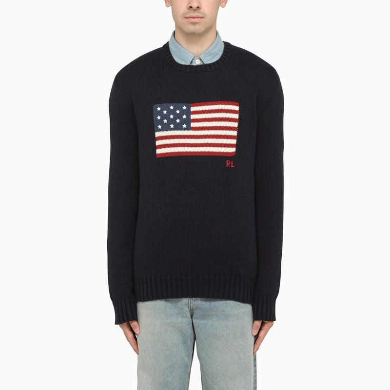 Blue crew-neck sweater with flag