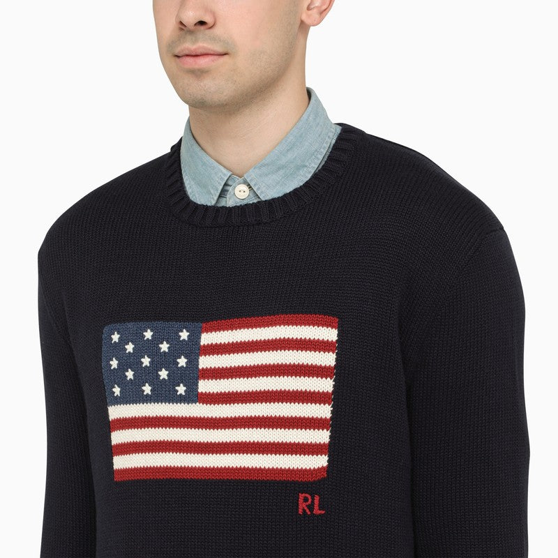 Blue crew-neck sweater with flag