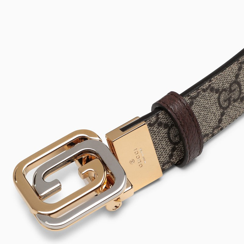 Brown leather and GG fabric reversible belt