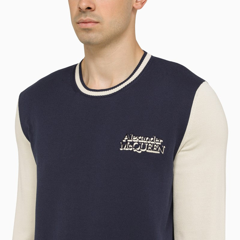 Navy/cream cotton crew-neck jumper