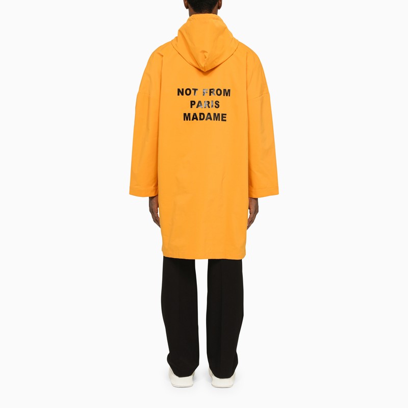 Yellow ochre single-breasted duster coat with slogan