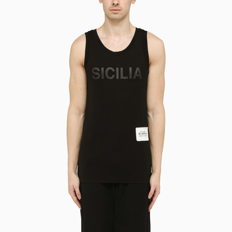 Black tank top with print and patch